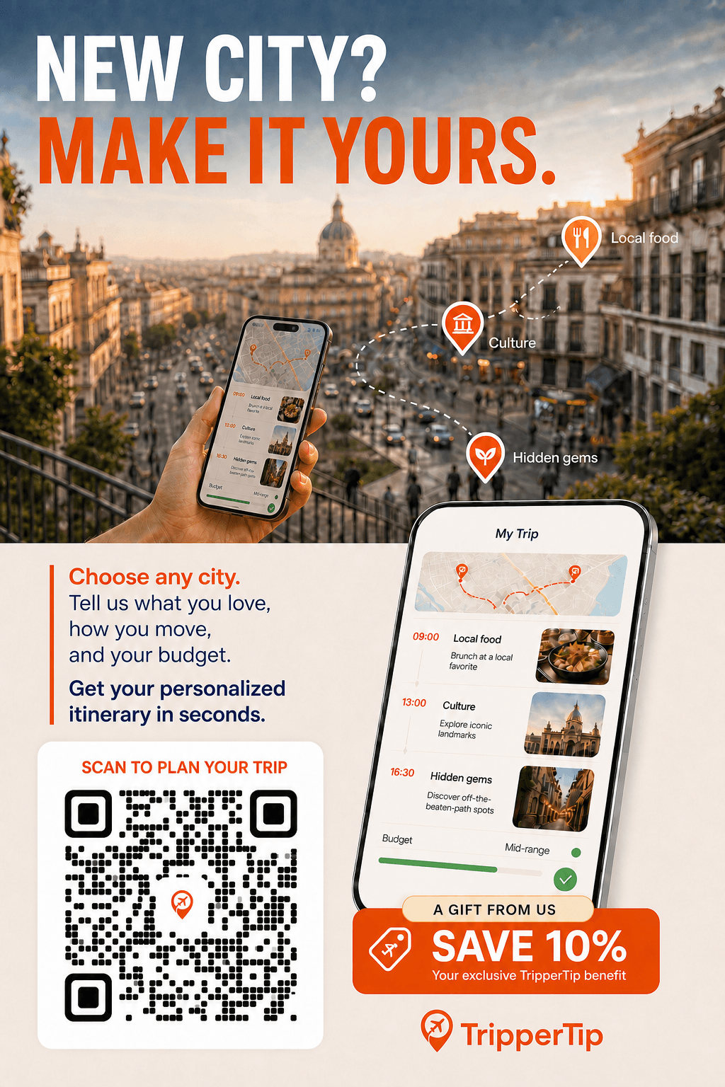 TripperTip partner poster inviting customers to scan a QR code to plan a trip and save 10 percent